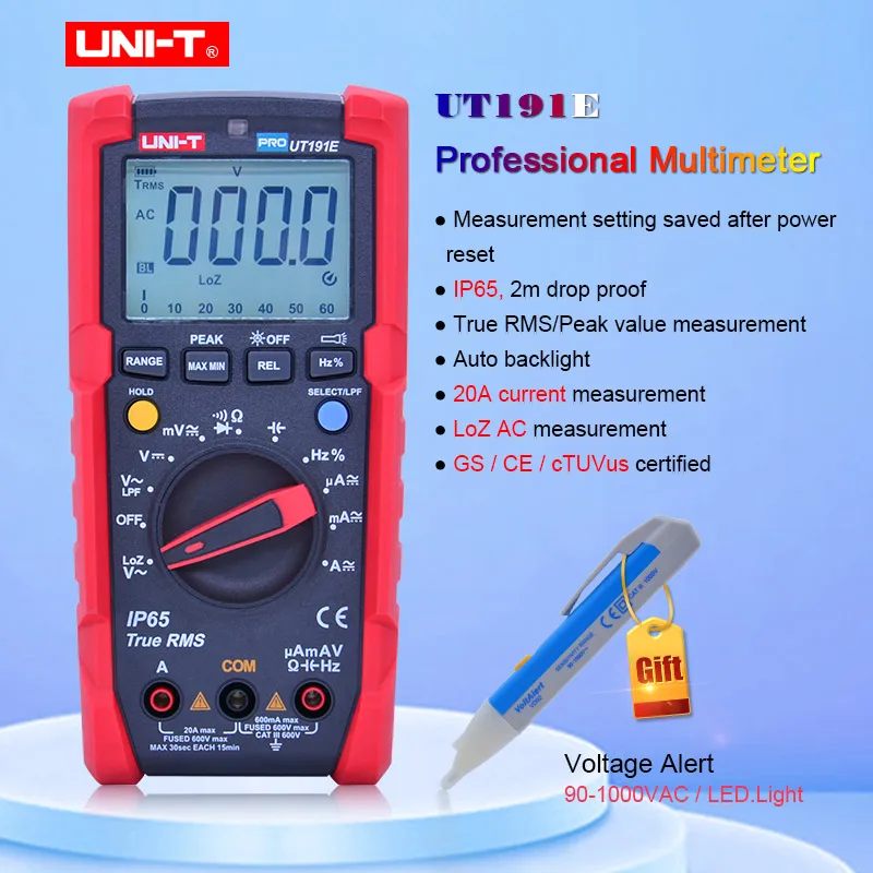 

UT191E Digital Multimeter,True RMS IP65 Waterproof,6000 Count DMM 20A 600V Volt ACV LOZ LPF Tester GS/CE/cTUVus Certified