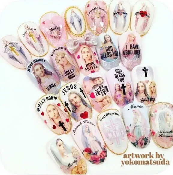Newest HANYI-34 Jesus 3d nail art sticker decal stamping export japan designs rhinestones decorations |