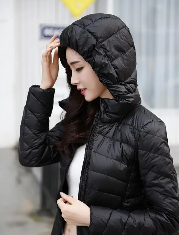 Женский пуховик на 90% белом утином пуху женское длинное пальто с капюшоном ультра