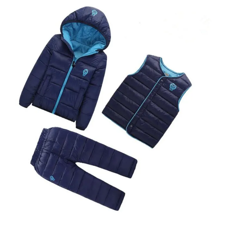 dark blue 6 цветов, зима, комплекты одежды для маленьких мальчиков и девочек, детское пуховое пальто с хлопковой подкладкой+ жилет+ штаны, Детские теплые уличные костюмы из 3 шт - Цвет: dark blue