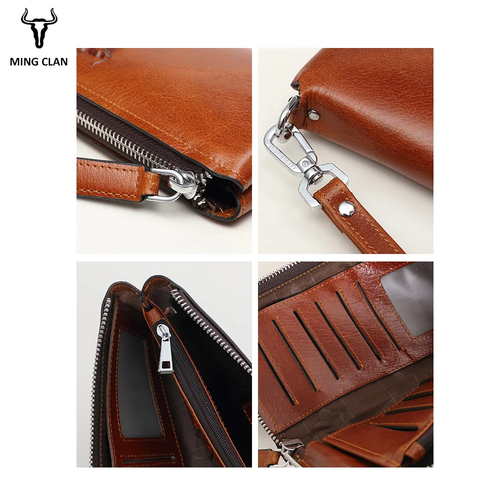 

MingClan Mens Clutch Bag Italian Tan Leather Men's Purse Detachable Leather Strap Phone Wallet Card Holder Zipper Clutch Purse
