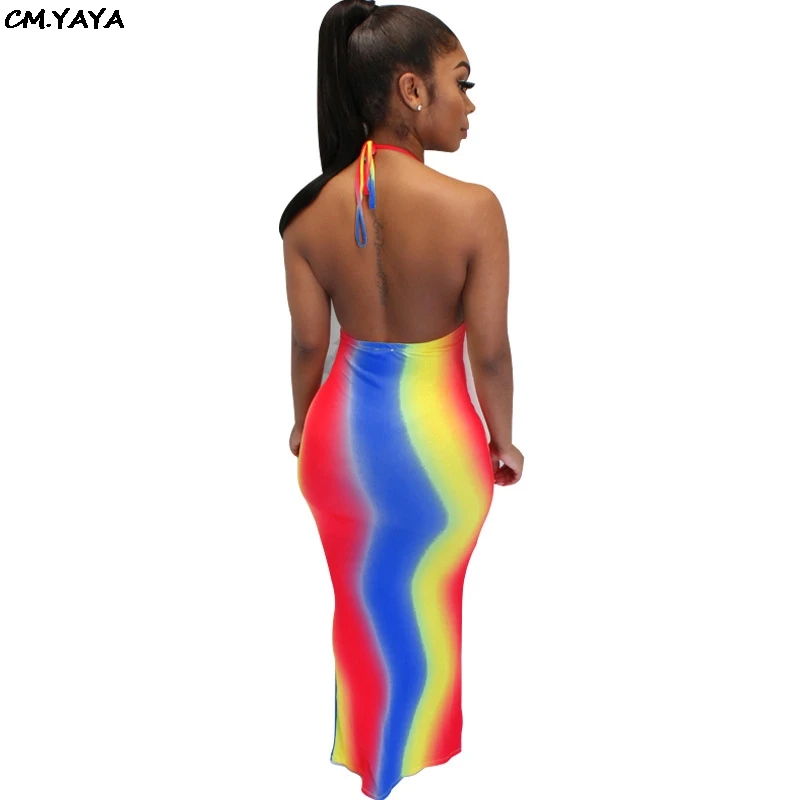 2019 new women summer rainbow halter neck open back bodycon midi maxi dress club party sexy night long dresses 3 color GLME2705 | Женская