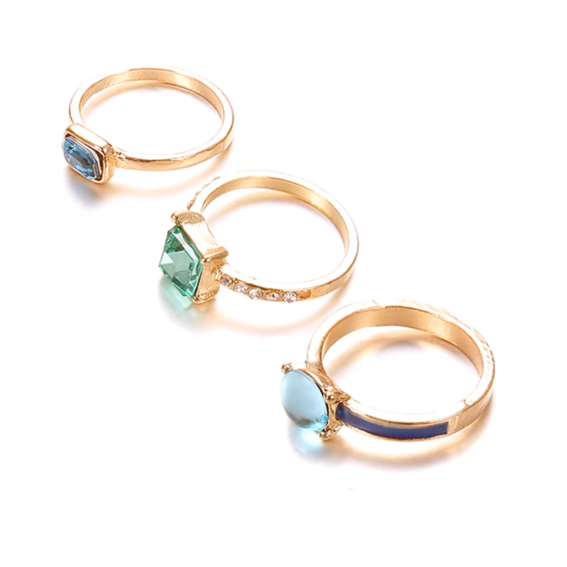 3 Pcs/Set Simple Crystal Gem Drop Square Geometry Gold Joint Ring Women Fashion Party Wedding Jewelry Accessories | Украшения и