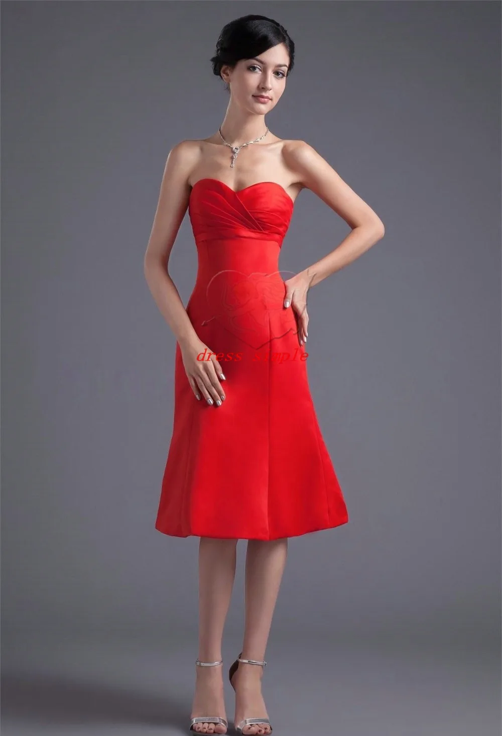 Slim red pleat mermaid/trumpet short sweetheart empire plus size satin dress sleeveless knee-length bridesmaids dresses | Свадьбы и