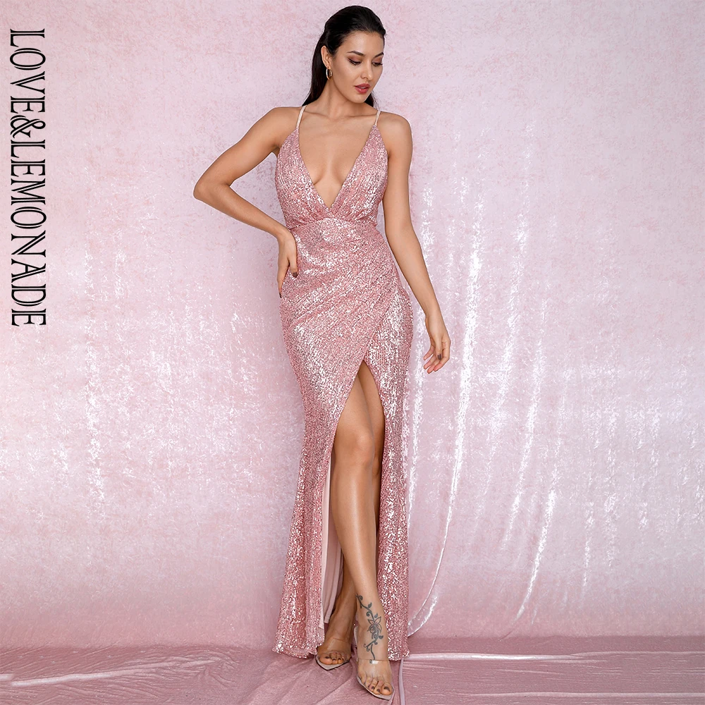 Женское вечернее платье LOVE & LEMONADE розовое золотистое Платье макси с открытой
