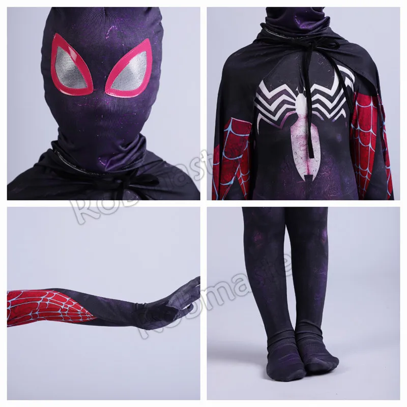 3D печатных детей гвеном Косплей Костюм с капюшоном Zentai девочек Веном симбиот костюм паук Гвен Стэйси костюм Спайдермен плащ костюм