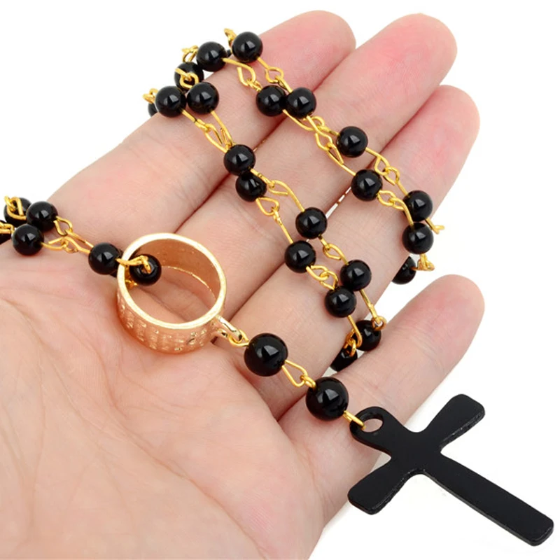 Fashion Long Black Beads Gold Chain Cross Pendant Statement Necklace Women Sweater Jewelry Accessories Gift | Украшения и