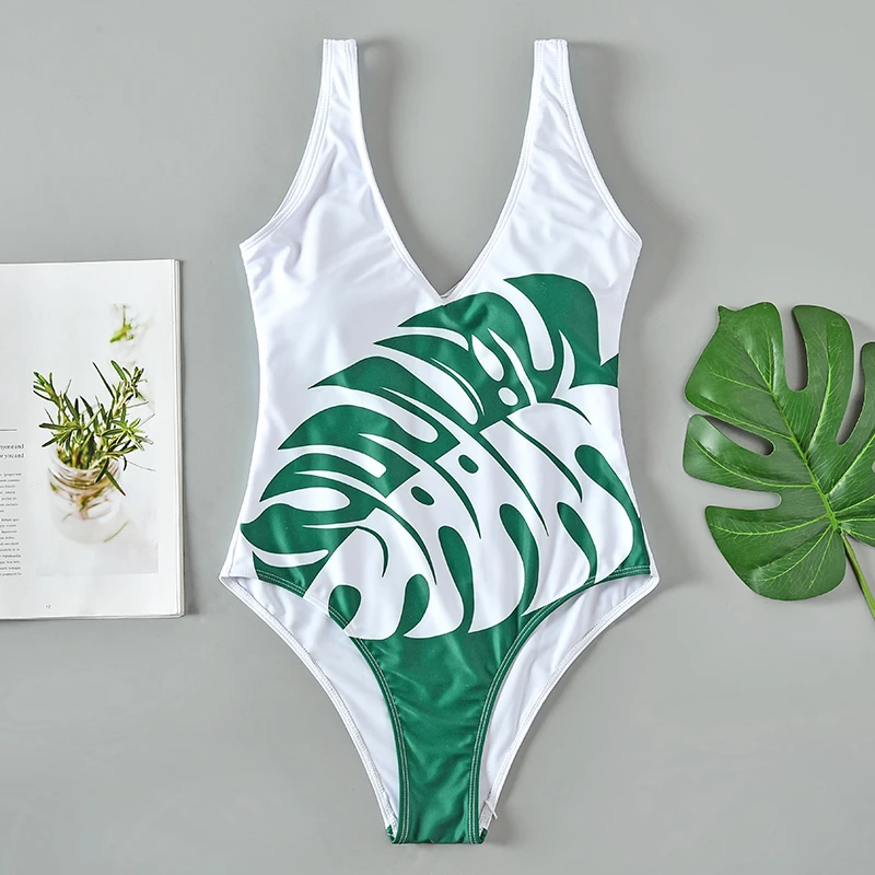 Женский купальник с открытой спиной Цельный принтом листьев и высокой талией