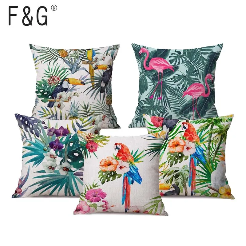 

Flamigo Tropical Plant BirdsCushion Cover Green Leaves Linen Pillow Cases Chair/Car/Sofa Pillow Cover Home Decorative Pillow