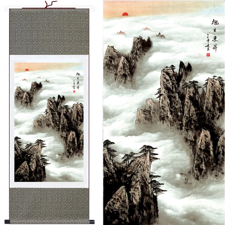 

Горячая распродажа! Классический абстрактный пейзаж, картина на стену облака на горе, картина для гостиной, декоративная шелковая стена-свиток