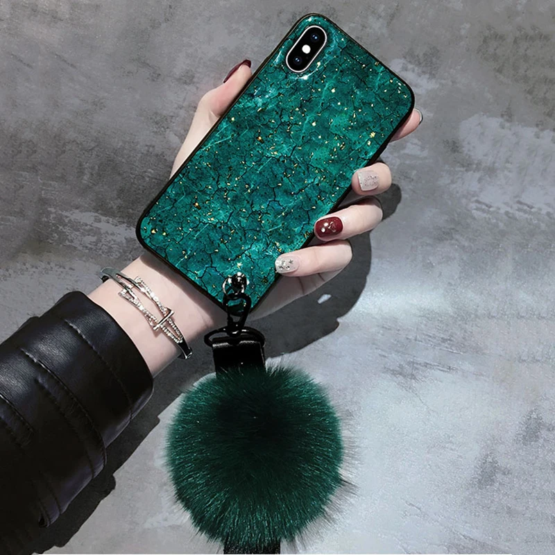 Purple Fox Fur Pendant Phone Case For iPhone XS Max XR 6 6S 7 8 Plus X Hot Cracked Marble Soft IMD Back Cover |
