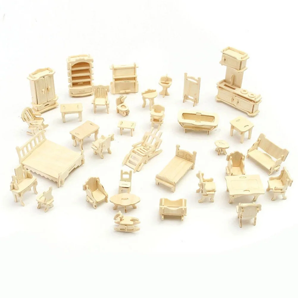 

34Pcs/Set 3D Wooden Miniature Dollhouse Furniture Model Mini Puzzle Toys Wooden Children Pretent DIY House Toys YH-17
