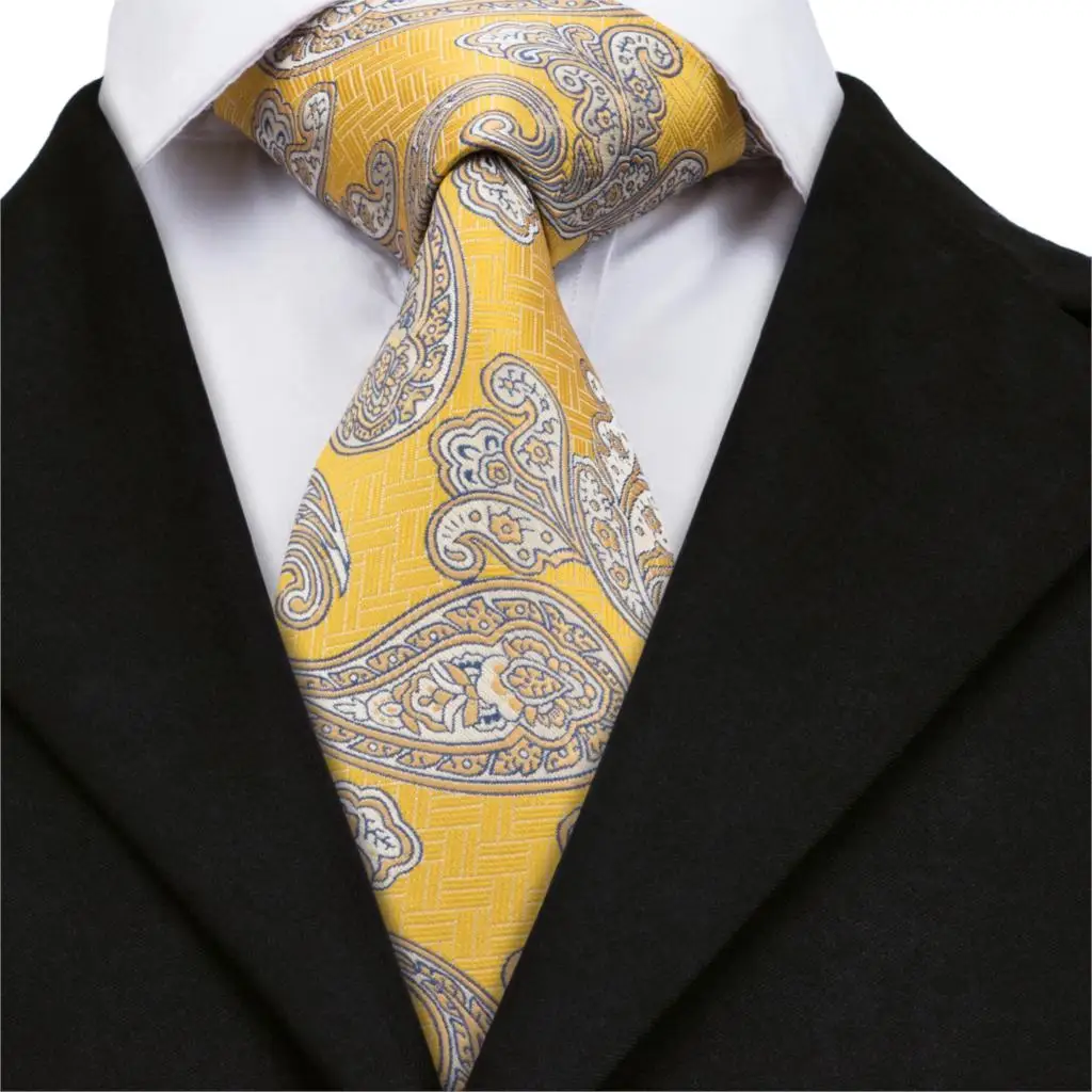 Hi-Tie Gold Paisley Silk Ties For Men Floral Yellow Men's Necktie Set Tie Pocket Square Cufflinks Cravats Luxury SN-1730 | Аксессуары
