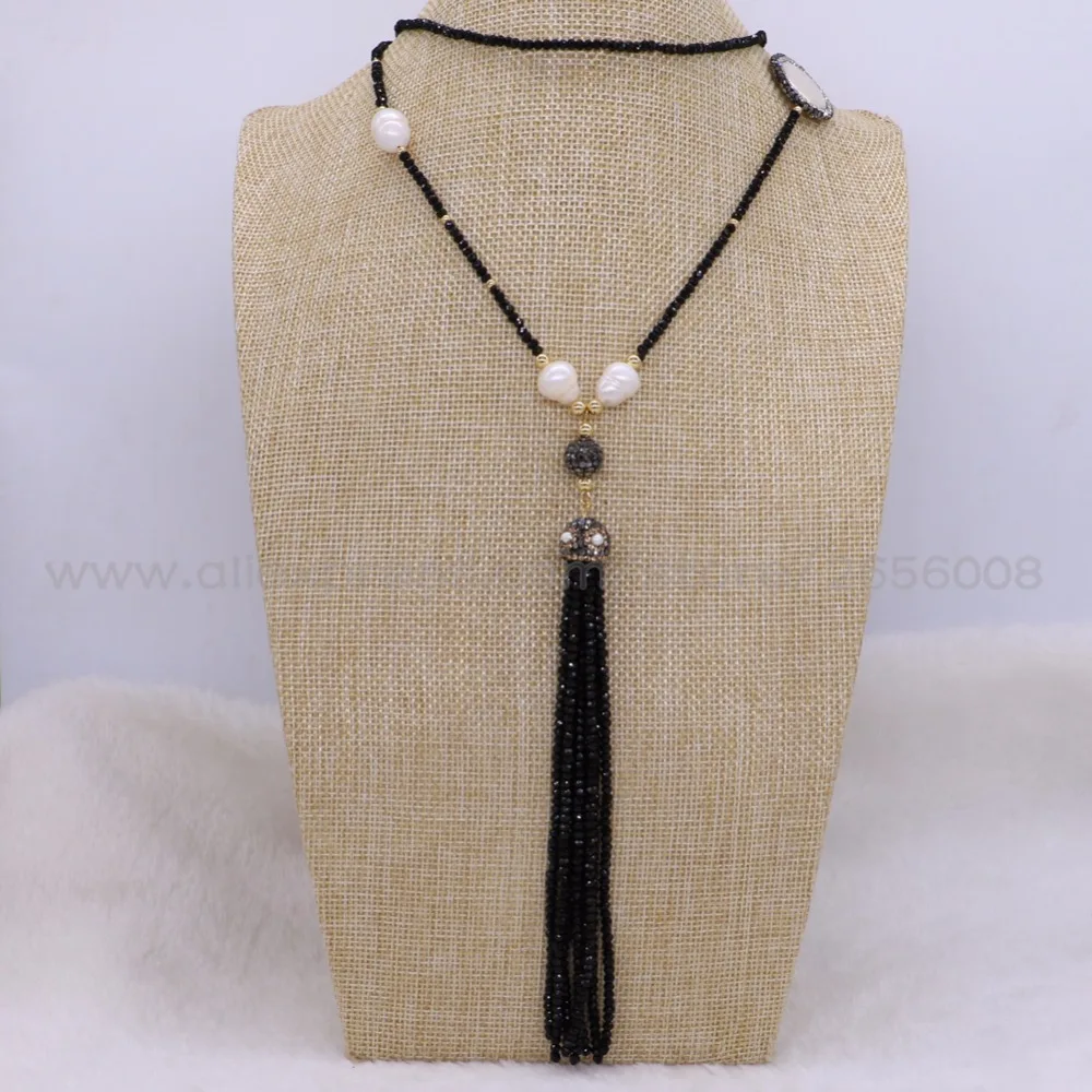 Новый дизайн черное ожерелье-бусы с кисточкой хрустальный бисер и жемчуг