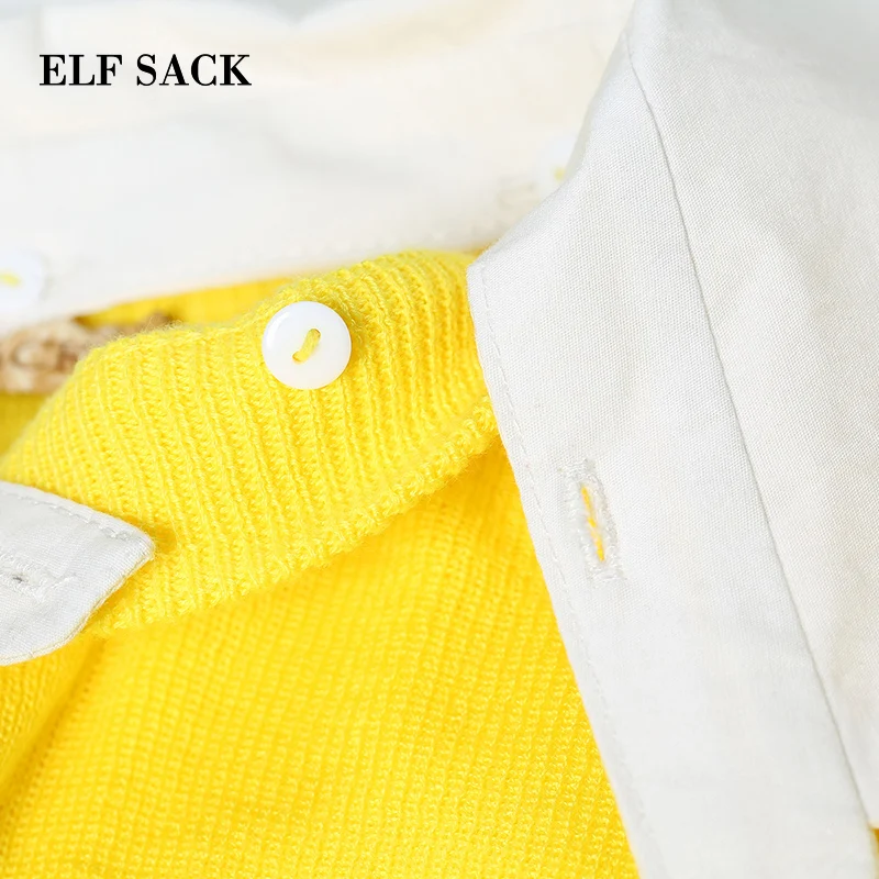Женский однотонный свитер ELF SACK желтый хлопковый в стиле пэчворк со съемным