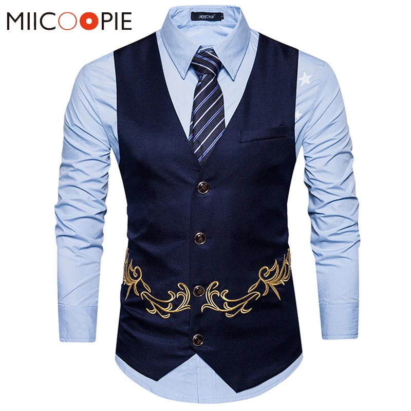 Men Floral Embroidery Vest Fashion Sleeveless Waistcoat Wedding Party Business Gilet Homme Male Single Buttons Suit Jacket XXL
