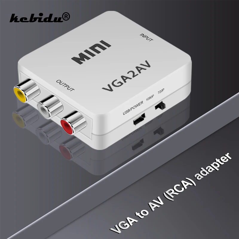 Kebidu 1080P Mini VGA-AV RCA преобразователь с 3 5 мм аудио VGA2AV/CVBS адаптер для ПК к HD TV 1920x1080 60fps