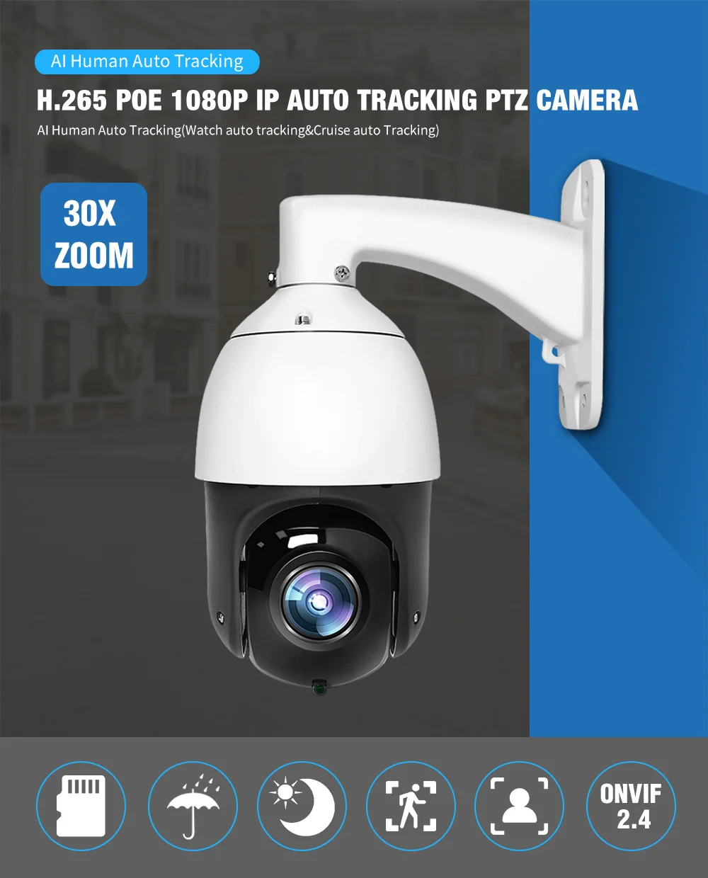 1080P PTZ IP камера AI автоматическое отслеживание 30X зум H.265 IP66 POE IP камера AI человеческое тело лицо Масштабирование Программирование пресеты патрульная