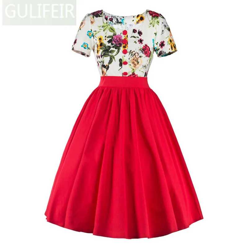 GULIFEIR Женские Летние Dress 2017 Одри Хепберн Рокабилли Печати цветочные туника