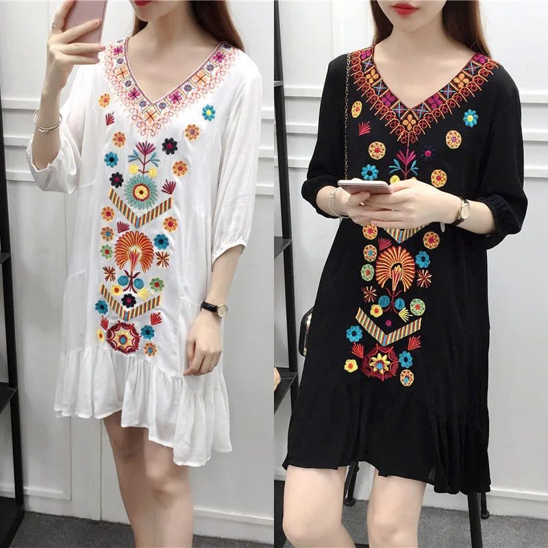 Женское платье с вышивкой TingYiLi винтажное пляжное в этническом стиле короткое