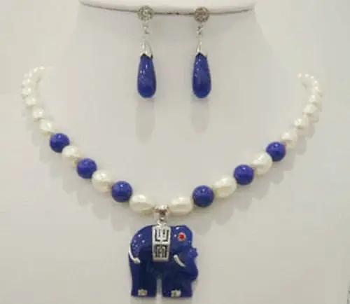 

QW744 hite pearl blue elephant pendant necklace earrings^^^NEW style Fine jewe Noble Natural FREE SHIPPING
