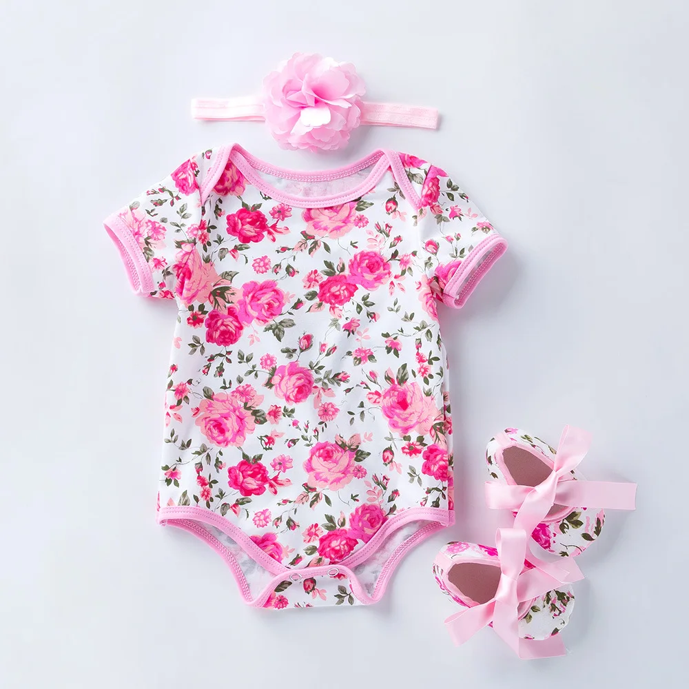 

Baby Romper Girls with Headband Shoes Newborn Baby Girl Clothes Summer Cotton Little Princess Sunsuit Floral Girls Outfits Cute