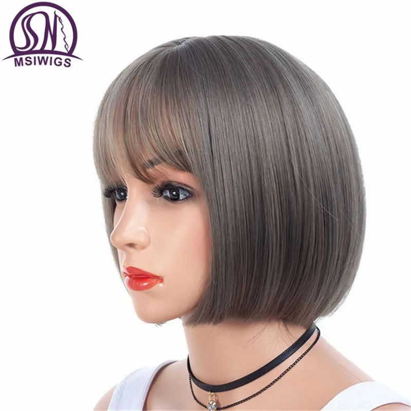 MSIWIGS Bob волосы черные короткие парики для женщин прямые синтетические волосы парик с челкой пепельно-серые волосы Термостойкое волокно