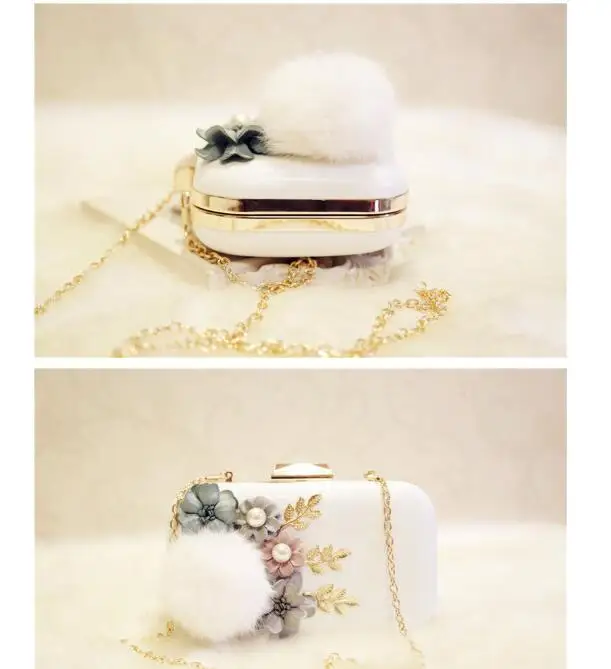 Женские сумочки на цепочке вечерние с аппликацией из меха украшенные цветами