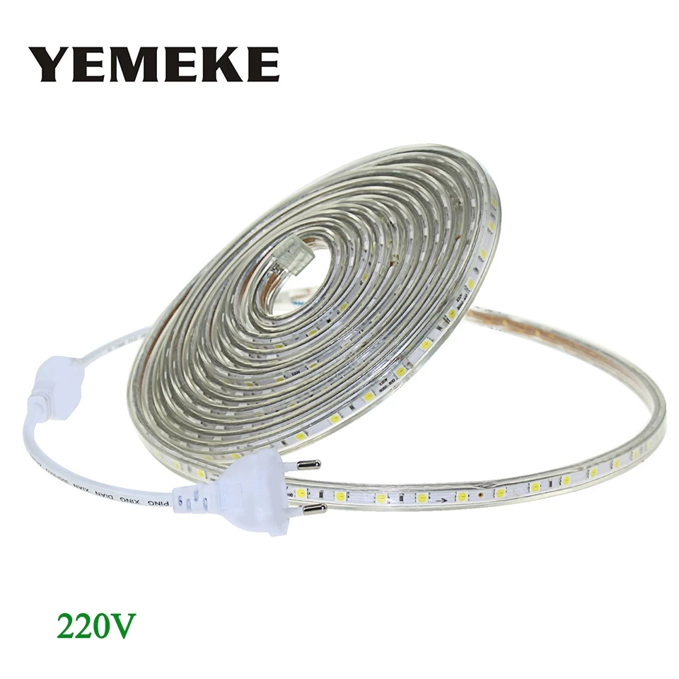 AC 220V Светодиодные ленты светильник SMD 5050 60 светодиодный s/m IP67 Водонепроницаемый светодиодный гибкие светодиодные ленты длиной 1 м/2 м/3 М/4 м/5 м/6 м/7 м/8 м /9 м/10 м/15 м/20+ Вилка питания