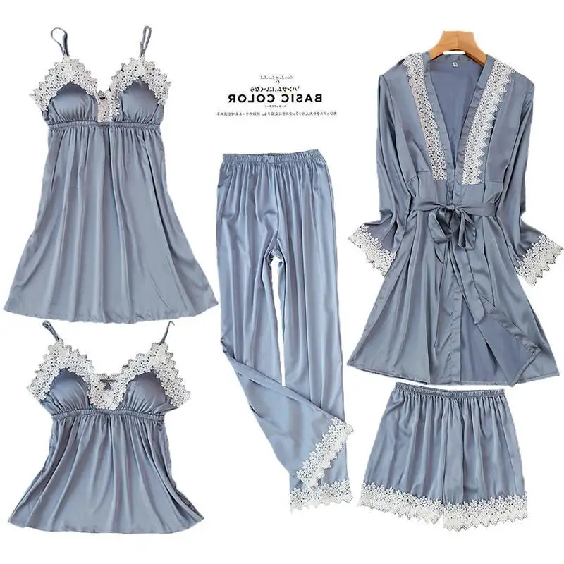Gray 5PCS Женское сексуальное кружевное кимоно, халат, атласное однотонное платье для свадьбы, невесты, подружек невесты, ночная рубашка, кружевное вискозное Женское ночное белье, пижама - Цвет: Gray 5PCS