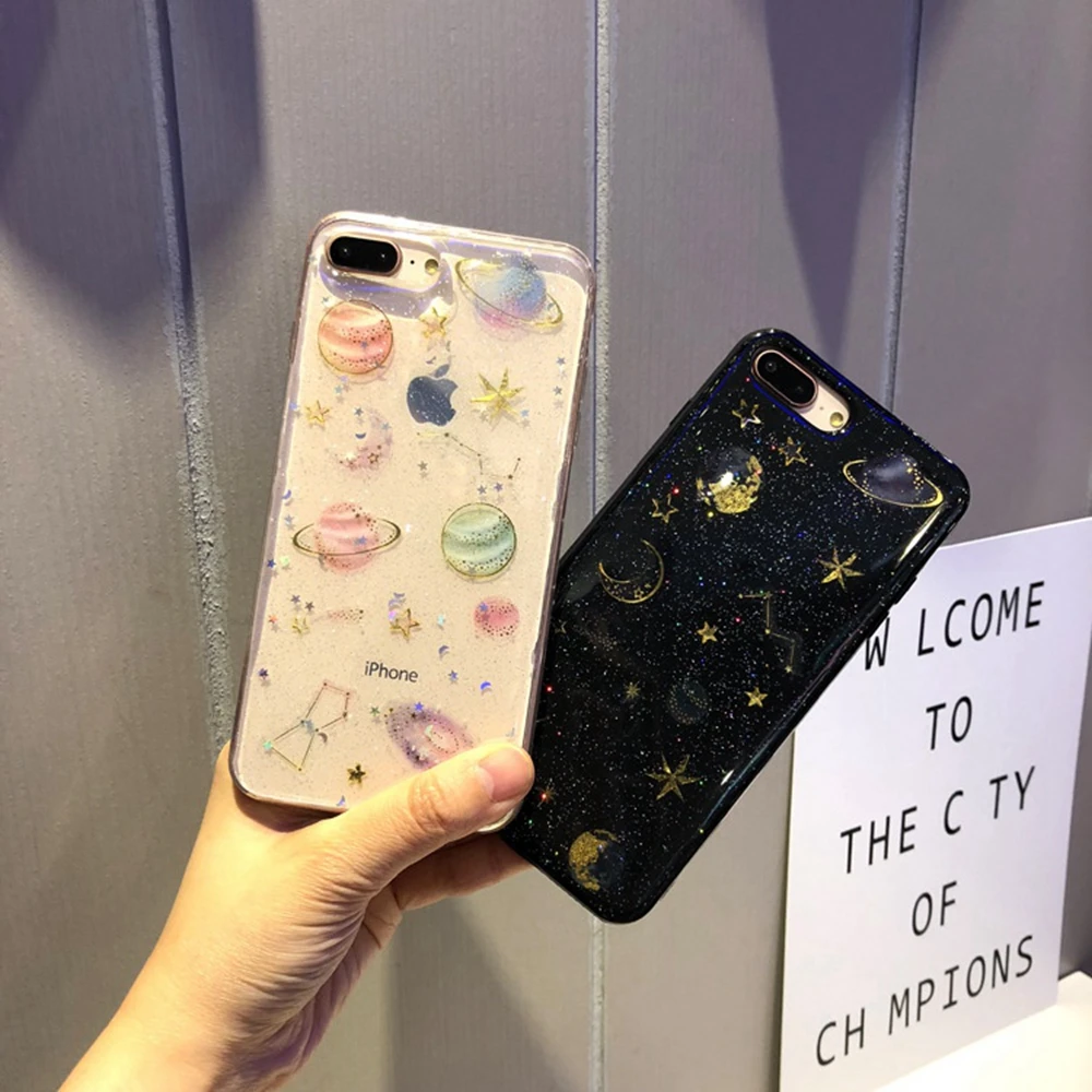 Роскошный блестящий чехол Space Planet для iPhone 7 8 Plus XR XS MAX Bling Star мягкий силиконовый Xs X 6