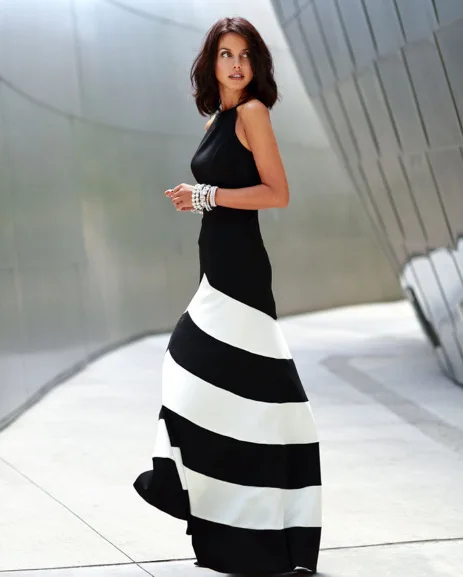 Europe America Vest Dress Wind Black White Stripes Stitching Vestido Sleeveless Slim Sexy Long Dresses Clothing Vestidos LBD0825 | Женская