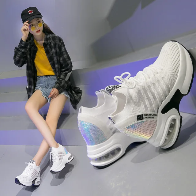 Fashion Spring Women Bling Shoes Mesh Wedge Sneakers Summer Breathable Casual Shoes Woman Round head casual shoes
