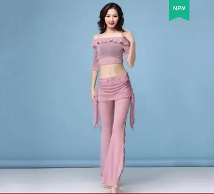 Розовый Костюм для танца живота Набор Женщины Mesh Top+ брюки Женщины Сексуальная практика танцевальные костюмы Одежда для танцев живота - Цвет: Розовый