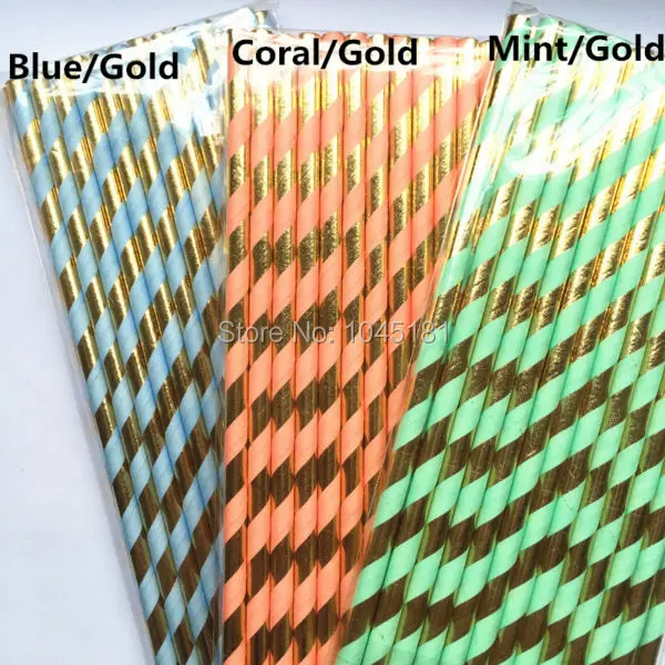 

Biodegradable Party Straws,Mint Green/Blue/Coral and Metallic Gold Striped Paper Straws for Wedding Foil Gold Drinking Decor
