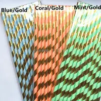 Biodegradable Party Straws,Mint Green/Blue/Coral and Metallic Gold Striped Paper Straws for Wedding Foil Gold Drinking Decor