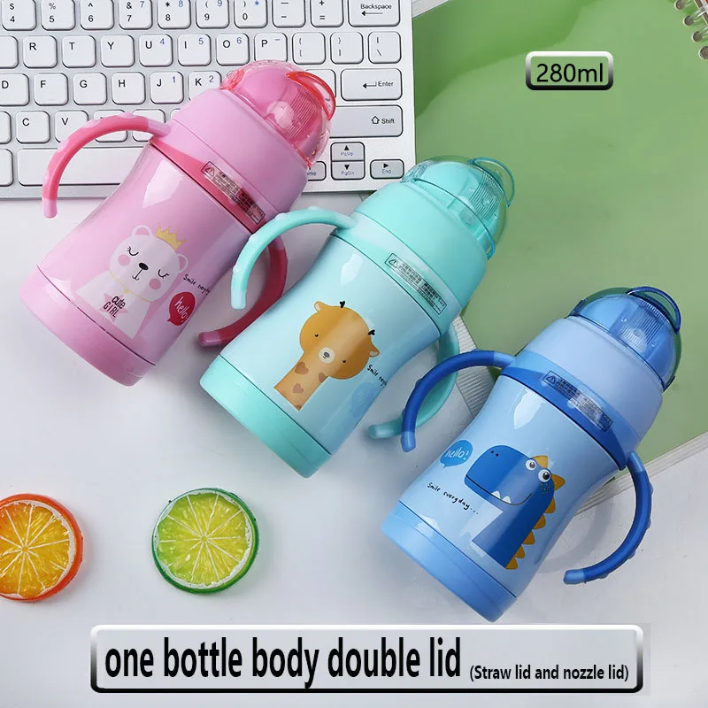 Wind flower Kids Water Bottle 280ml Nozzle And Straw Interchangeable Dual-use Cartoon Stainless Steel Vacuum Sippy Cup | Дом и сад
