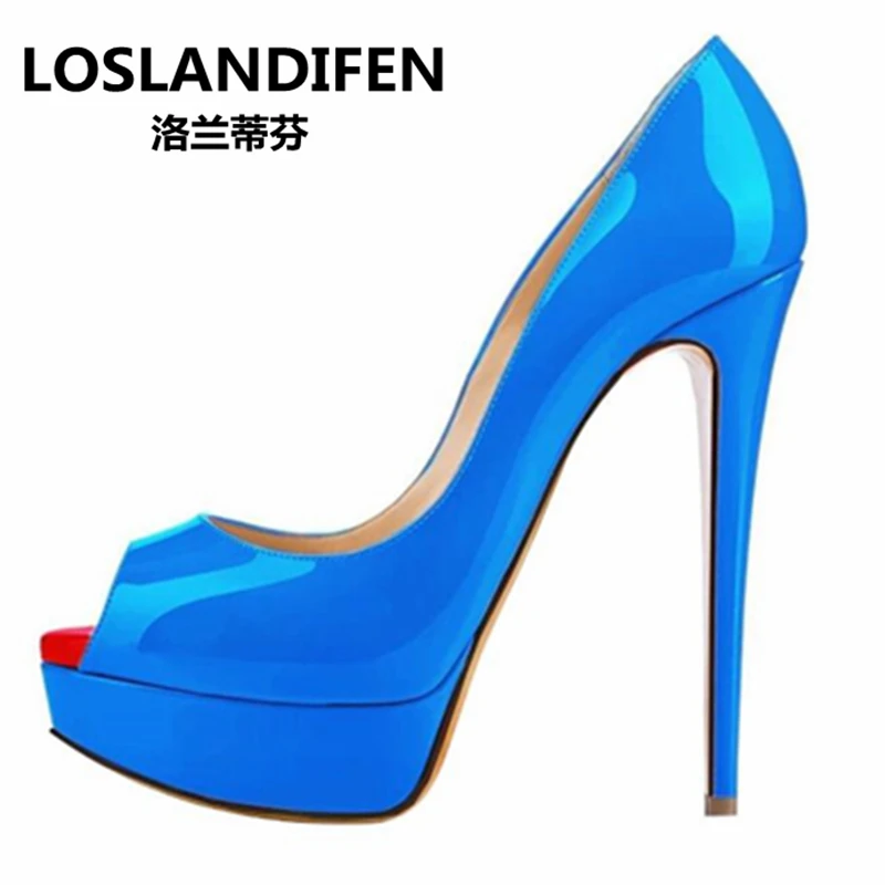 Женские босоножки из лакированной кожи на платформе 14 см с открытым носком