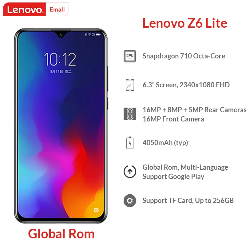 Lenovo Z6 Lite 4 Гб 64 глобальная ПЗУ Snapdragon 710 восьмиядерный смартфон 6 3 дюймовый экран