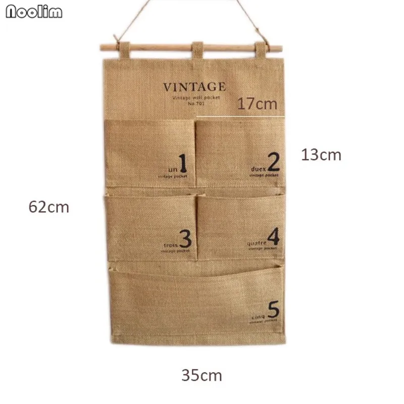 NOOLIM Practical 5 Pockets Wall Hanging Storage Bags Organizer Jute Naturally Letters organizer Cosmetic Sundries storage bag | Дом и сад