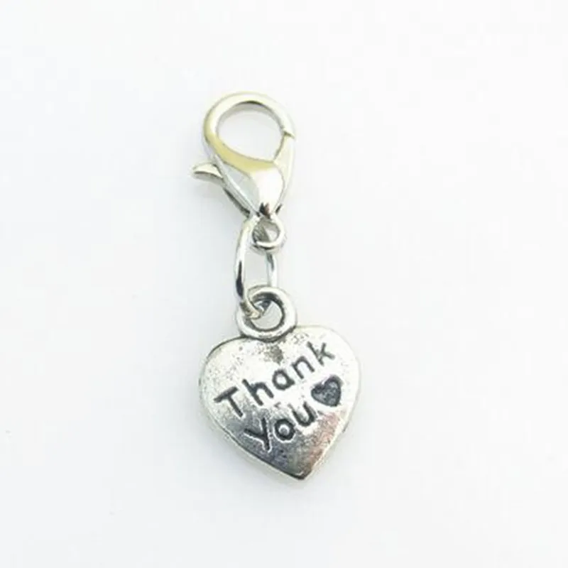 Серебряные подвески с сердцем «Спасибо» с карабином для самостоятельного браслета и ожерелья с плавающими медальонами, 20 штук/лот.