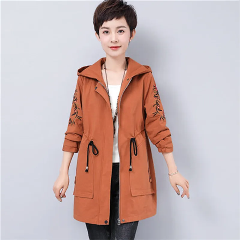 2020 New Spring Autumn Korean Hooded Long Trench Coat Women Large Size Embroidery Windbreaker Female Middle-aged Overcoats 5XL | Женская