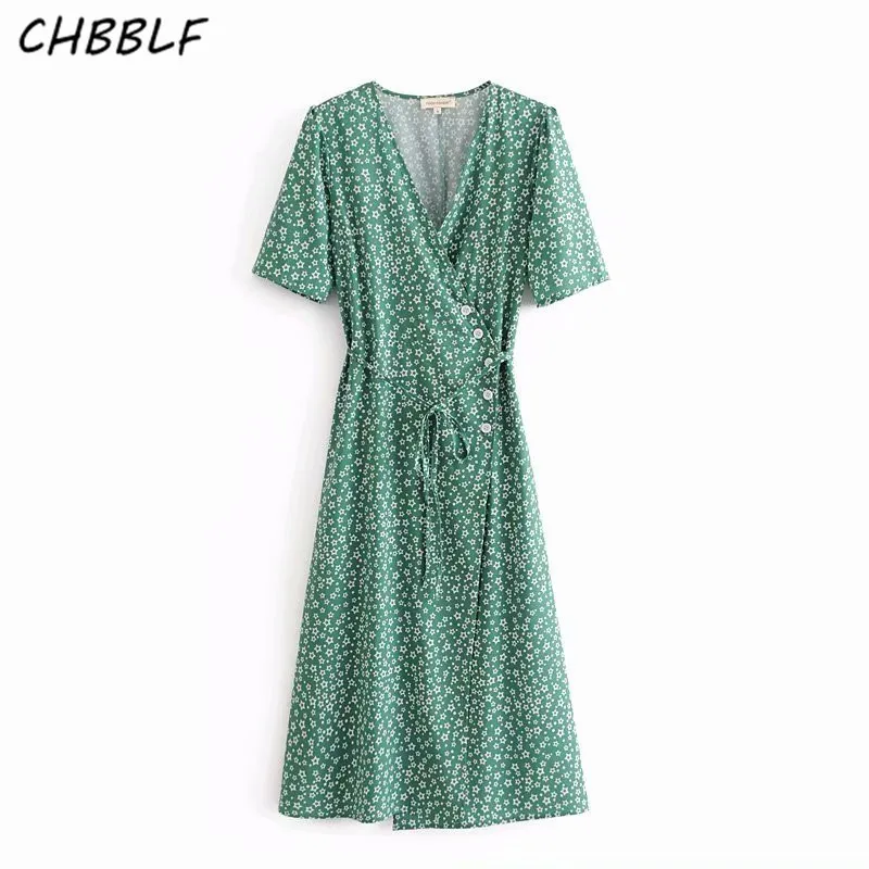 CHBBLF женщины Креста V шеи floral wrap dress С симпатичным бантом галстук с коротким