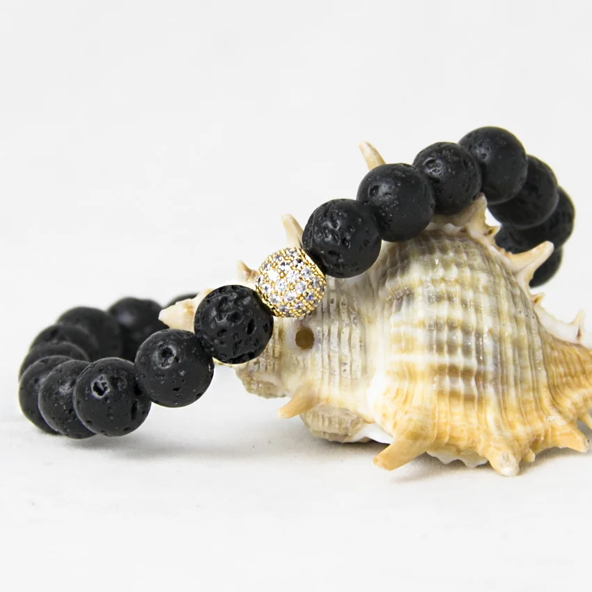 Black Lava Stone Bracelet with Micro Pave CZ Cubic Zirconia Disco Beads Bracelets Pulseras Men Women | Украшения и аксессуары