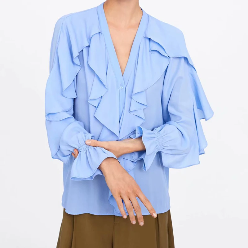 ZXQJ 2019 Fashion Spring Women Za Blue Ruffles Blouse Female Elegant Long Sleeve V-neck Cascading Shirts blusas mujer |
