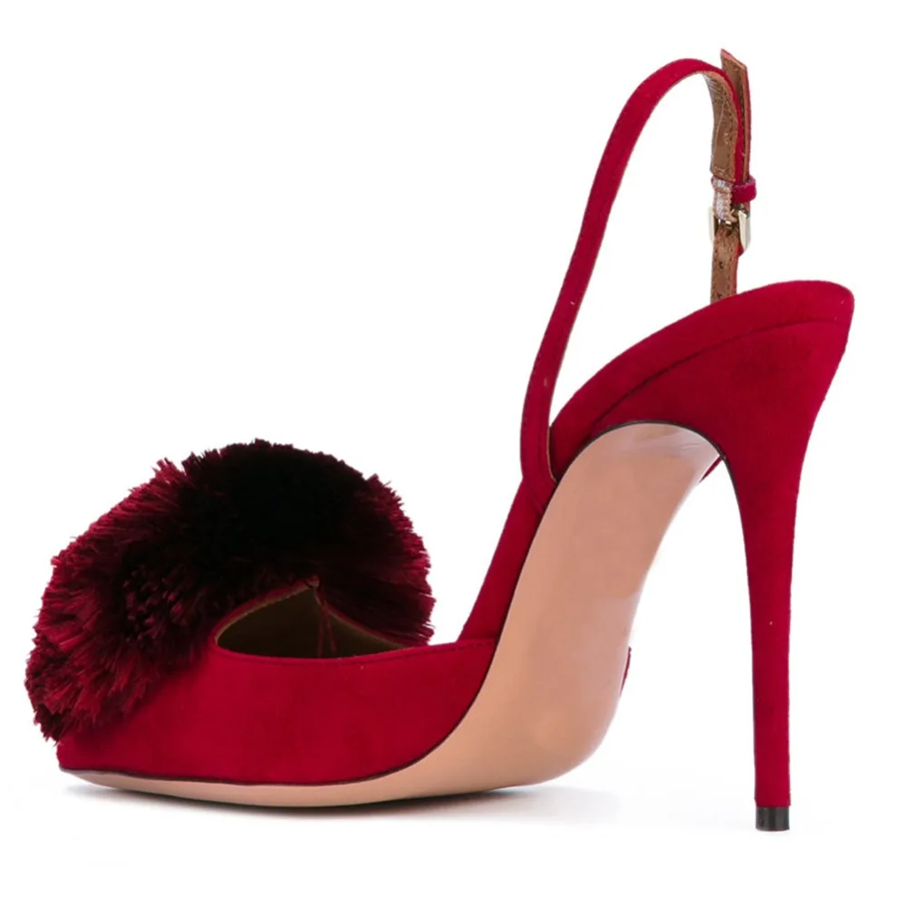 Kmeioo насосы для женское с буфами помпоном slingback Насосы ремешок на щиколотке высокие каблуки острый носок шпильки вечерние свадебные туфли 10 см
