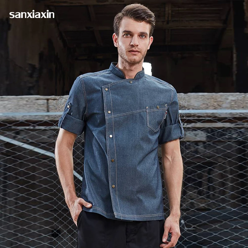 

new Wholesale unisex Denim Fabric Chef Jacket Bakery clothes chef coat long sleeves chef restaurant uniform shirts chef uniform