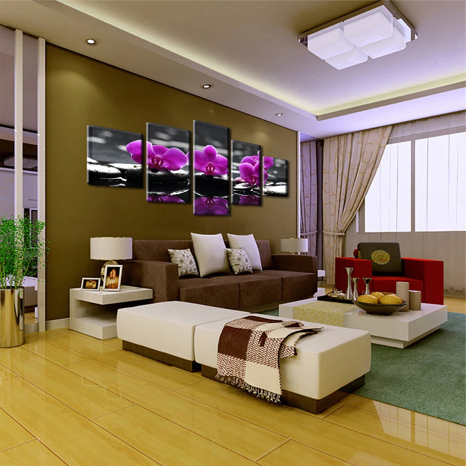 HD Print Picture Room Wall Art Frame 5 Pieces Purple Moth Orchid Painting Home Decor Canvas Flower Stone Poster | Дом и сад