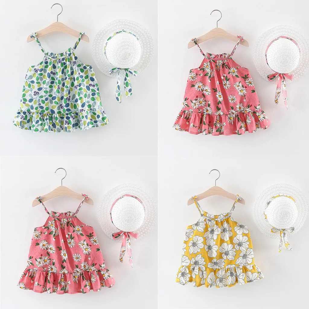 Girls Summer Dress casual Princess Party Dresses Sleeveless sling flower ruffled dress princess + straw hat L0702 | Детская одежда и