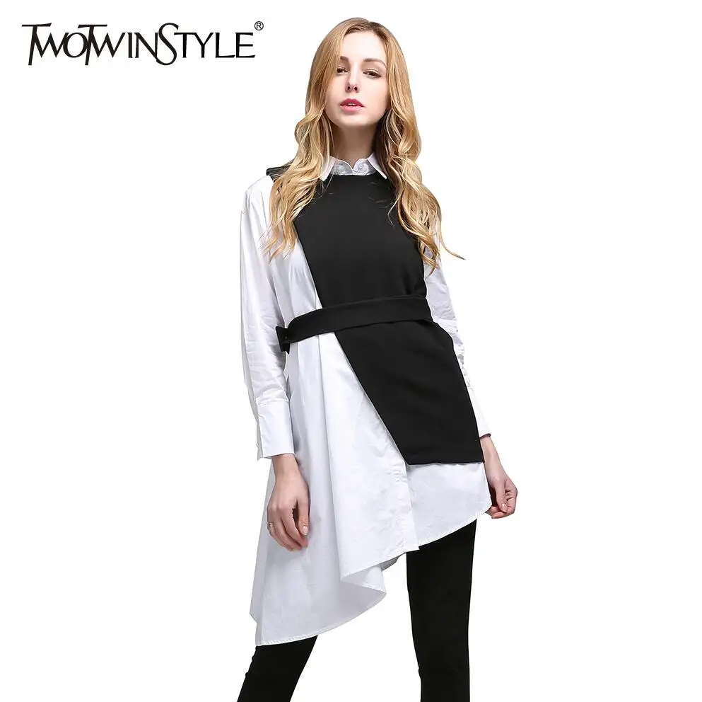 [Twotwinstyle] Винтаж комплект из двух предметов свободные с длинными рукавами с поясом Дамы Платья Новинки для женщин Костюмы - Цвет: white